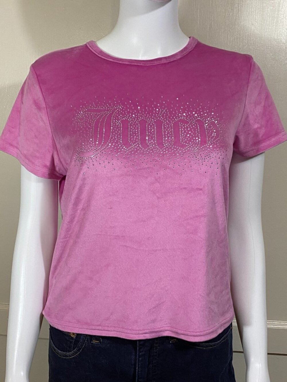 JUICY COUTURE Pink Velour Fuzzy Rhinestone Logo Sleep T-Shirt Women’s Size Large